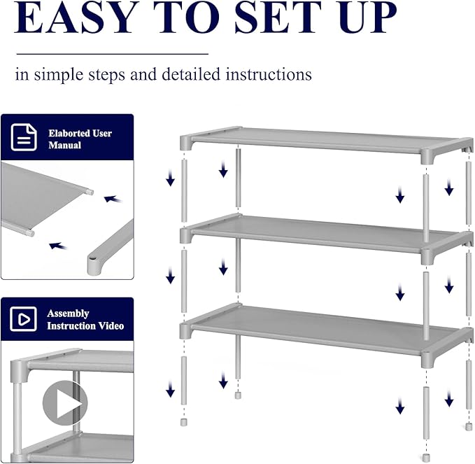 Kitsure Shoe Rack - Non-Woven Shoe Rack Shelf, Shoe Organizer for Closet, Entryway, Garage & Corridor, Stackable Shoe Shelves, 27.5" Wide - 3 Tier, Grey - Image 5