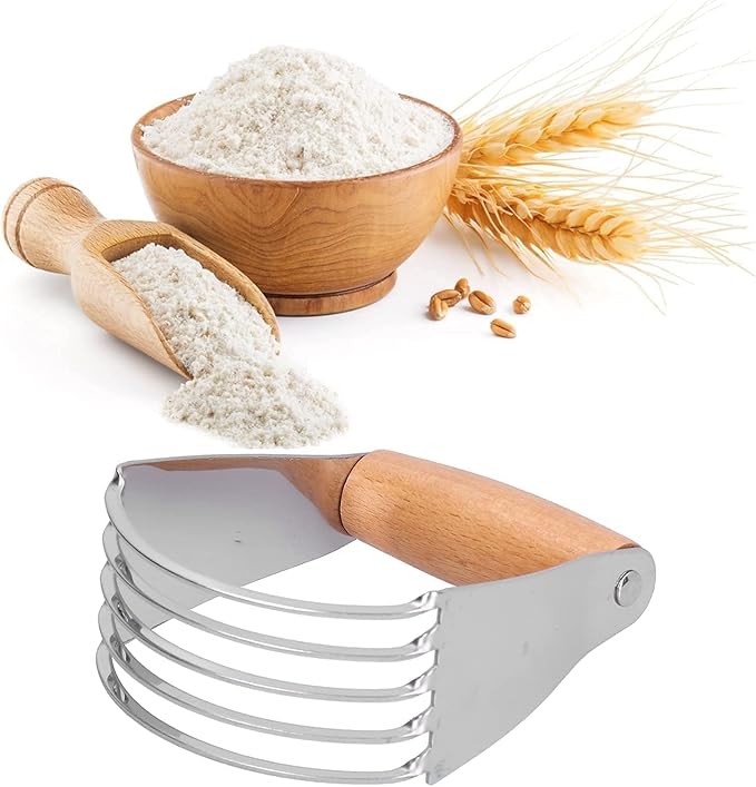 Dough Blender, Stainless Steel Pastry Cutter Heavy Duty Dough Cutter with Blades Pastry Blender and Butter Cutter Dough Flour Metal Mixer Cutter Portable Pastry Cutter for Baking Home, Wood Handle