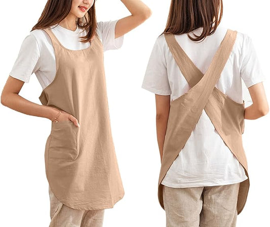 Cotton Cross Back Aprons Solid Color Cooking Kitchen Garden Smock for Women Girls with Pockets