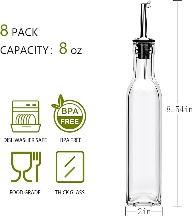 Salzesfalls 8oz Olive Oil Dispenser Bottle,Oil Dispenser for Kitchen,8 Pack olive oil dispenser with Stainless Steel Pourer Spouts,Vinegar Cruet Bottle with Pourers - Image 2