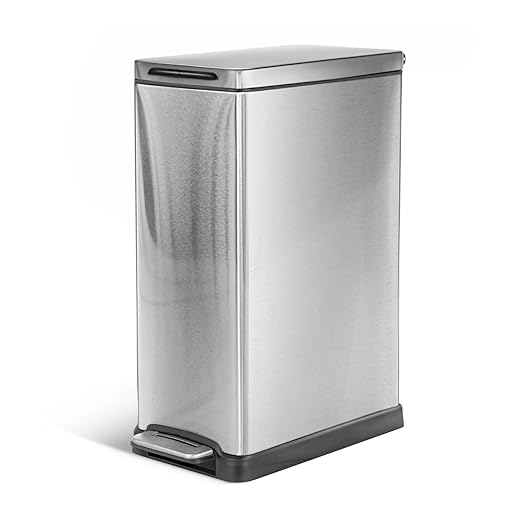 Home Zone Living 12 Gallon Slim Kitchen Trash Can with Soft Close Lid, Step Pedal, Bag Tuck Band, and Removable Liner, Stainless Steel, Silver by HomeZoneLiving