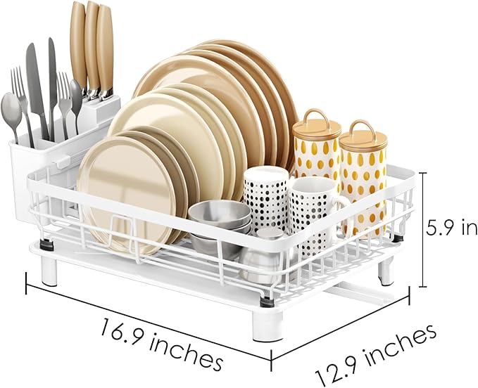 AIDERLY Iron Dish Drying Rack with Drainboard Dish Drainers for Kitchen Counter Extendable Spout Strainers with Utensil Holder and Knife Slots, White - Image 3