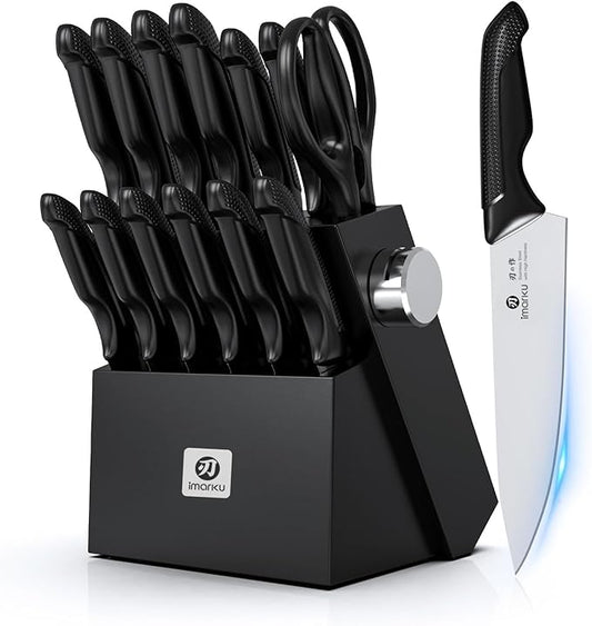 imarku Knife Set with Block, Sharp Knives Set with Built-in Sharpener, Stainless Steel Kitchen Knife Sets with Non-Slip Ergonomic Handle, Dishwasher Safe, 14 PCS Professional Knife Set for Gift, Black by imarku