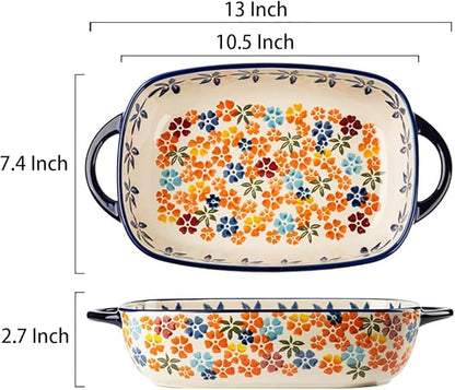 Colorful Cherry Blossom Flowers Vintage Style Ceramic Bakeware Dish Casserole Dish Baking Pan Lasagna Pans with Handles for Oven/Cooking/Kitchen, 1 PCS, 60 oz - Image 2