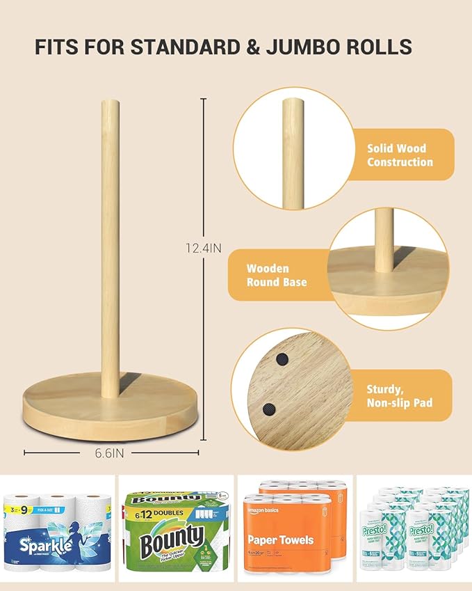 NESAPTO Paper Towel Holder Countertop, Wooden Freestanding Paper Towel Stand for Modern Farmhouse & Cottagecore Decor, Kitchen Bathroom Essential, Natural Color - Image 3