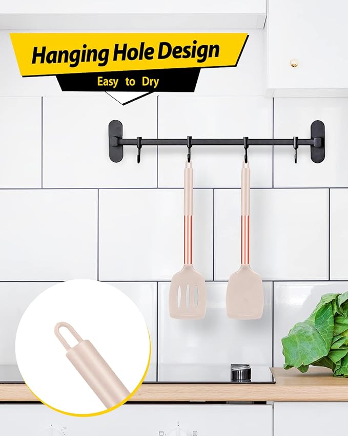 Pack of 2 Silicone Solid Turner, Non Stick Slotted Kitchen Spatulas, High Heat Resistant BPA Free Cooking Utensils, Ideal Cookware for Fish, Eggs, Pancakes(Rose Gold Khaki) - Image 4