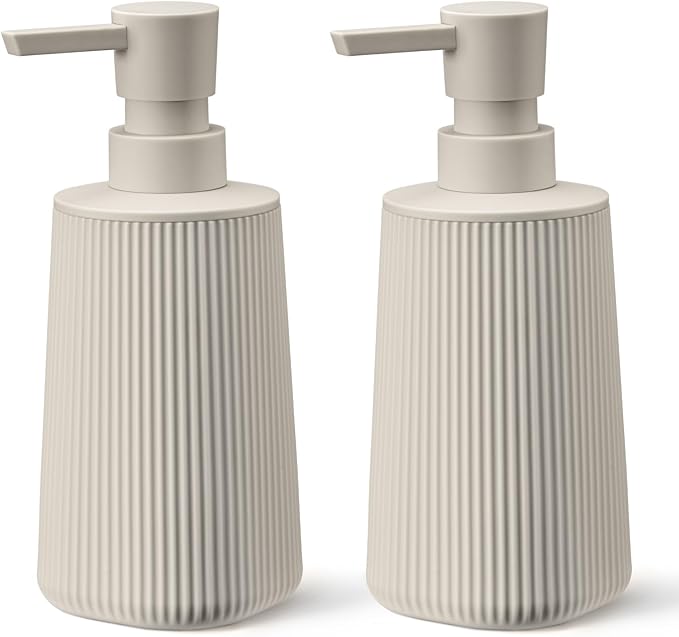 Beige 2 Pack Hand Soap Dispensers Set with No Rust Pump for Bathroom and Kitchen Countertops Refillable Matte Striped Plastic 8.5 oz