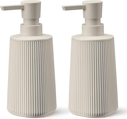 Beige 2 Pack Hand Soap Dispensers Set with No Rust Pump for Bathroom and Kitchen Countertops Refillable Matte Striped Plastic 8.5 oz