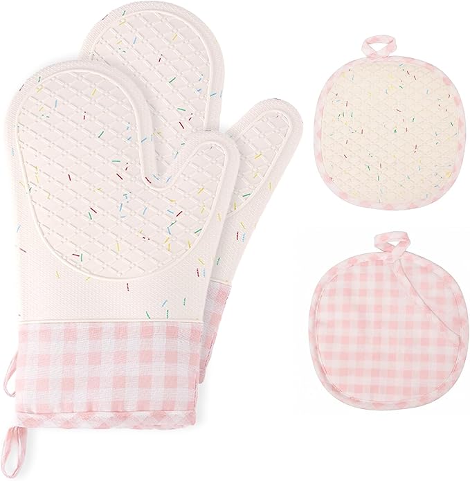 Silicone Confetti Oven Mitts and Pot Holders Set, Heat Resistant Non-Slip Kitchen Baking Accessories with Cotton Lining, 4 Piece Matching Set for Cooking, Pink Gingham