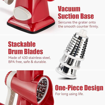 KEOUKE Rotary Cheese Grater Hand Crank Red - Shredder Slicer Grinder 3 Stainless Steel Blades, Stable Suction, Labor-Saving Handle, Safe Kitchen Tool for Cheese, Vegetable, Nuts, Chocolate - Image 5