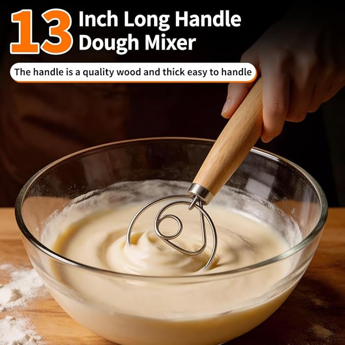 Polly Online Dough Whisk,Wooden Handle Danish Sourdough Whisk with Stainless Steel Dough Hook for Bread, Pastry or Pizza Dough 13 Inch 1-PACK - Image 2