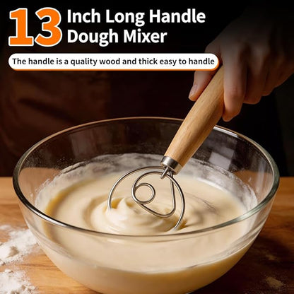 Polly Online Dough Whisk,Wooden Handle Danish Sourdough Whisk with Stainless Steel Dough Hook for Bread, Pastry or Pizza Dough 13 Inch 1-PACK - Image 2