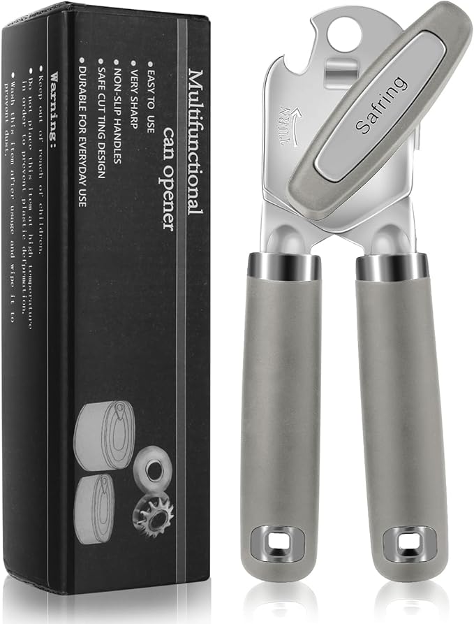 Safring Can Opener Manual, Heavy Duty Handheld Strong Can Opener with Soft Touch Handle, Sharp Blade Smooth Edge, Can Openers with Multifunctional Bottle Opener, Gray by Safring