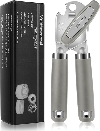 Safring Can Opener Manual, Heavy Duty Handheld Strong Can Opener with Soft Touch Handle, Sharp Blade Smooth Edge, Can Openers with Multifunctional Bottle Opener, Gray by Safring