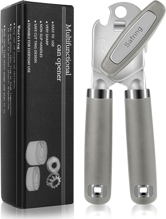 Safring Can Opener Manual, Heavy Duty Handheld Strong Can Opener with Soft Touch Handle, Sharp Blade Smooth Edge, Can Openers with Multifunctional Bottle Opener, Gray by Safring