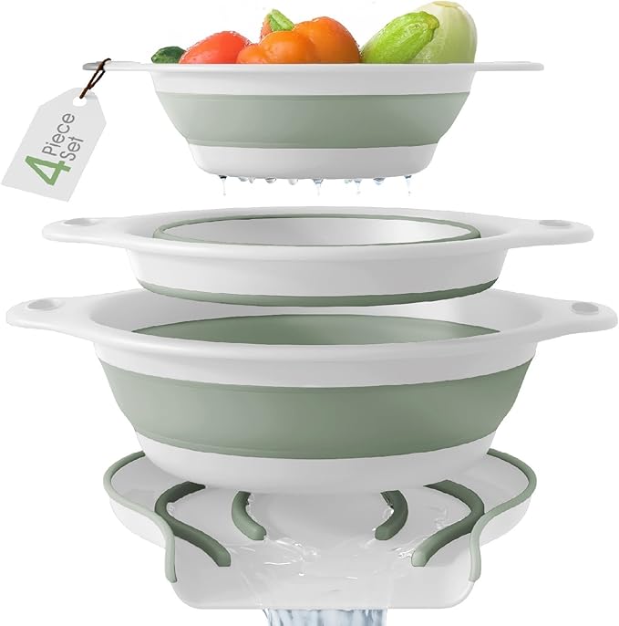 Gevoli Collapsible Colanders (3 Pack Set) Food Strainers with Over-Sink Water Draining Base for Pasta Fruits and Vegetables, White/Sage (3 Sizes, 3QT, 4QT and 5 Quart) by Gevoli