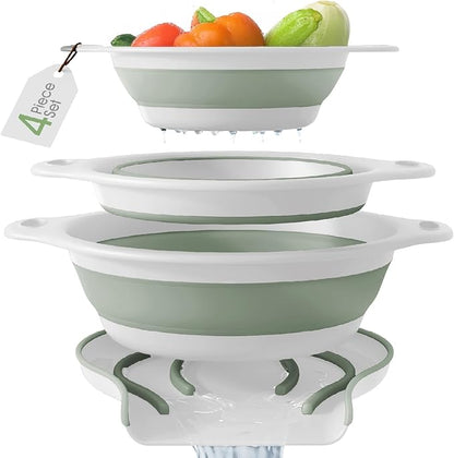 Gevoli Collapsible Colanders (3 Pack Set) Food Strainers with Over-Sink Water Draining Base for Pasta Fruits and Vegetables, White/Sage (3 Sizes, 3QT, 4QT and 5 Quart) by Gevoli