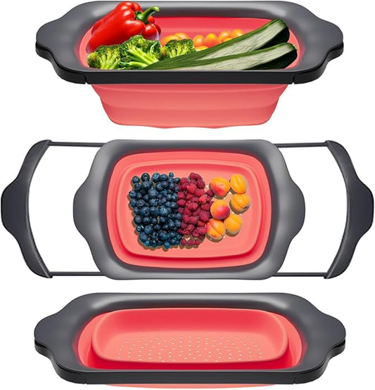 Comfify XL Large Kitchen Strainer - Collapsible Silicone Over-The-Sink Colander with Extendable Handles - Use with Pasta, Fruit, Berries & Veggie - 6 Quart - Coral