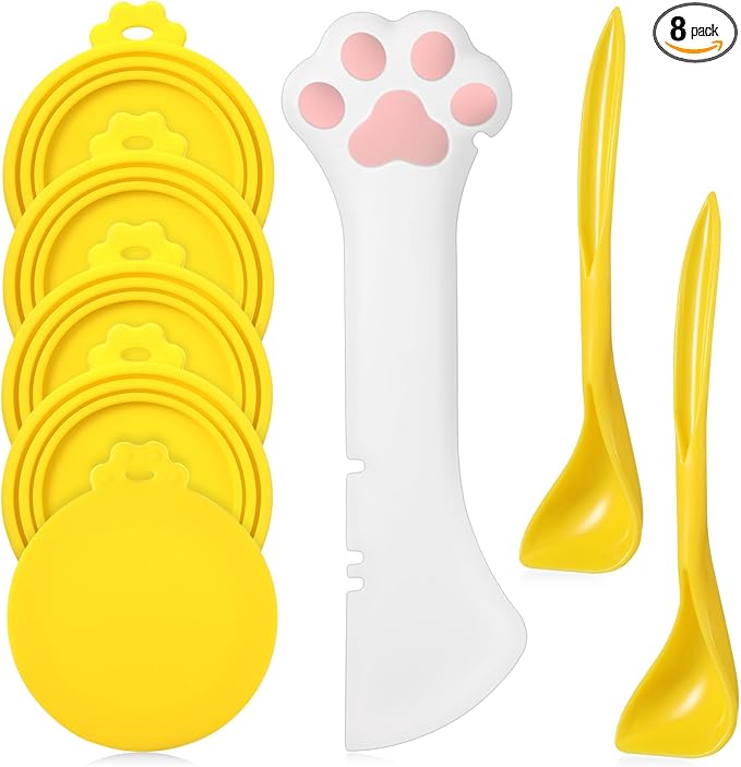 Uiifan Cat Food Lid Cat Food Can Covers Lids 8 Pcs Pet Can Supplies Set 5 Silicone Wet Kitten Foodstuff Tin Covers Lids 2 Silicone Dog Spoons 1 Paw Shape Multifunctional Opener for Pets(Yellow)