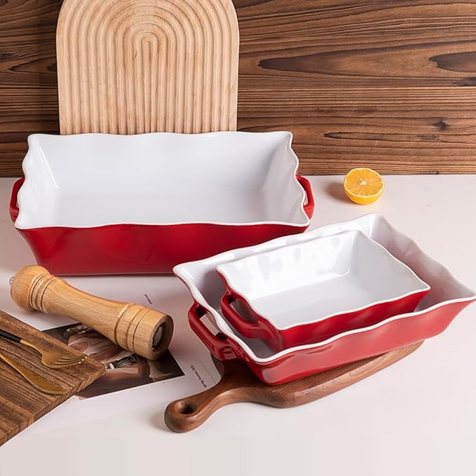 Sweejar Casserole Dishes for Oven, Ceramic Bakeware Set of 3, Rectangular Baking dish with Handles, Wave Edge Lasagna Pan Deep for Cooking, Cake, Dinner, Banquet and Daily Use (Red) - Image 2
