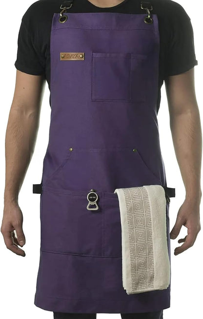 Asaya Chef and BBQ Apron with Bottle Opener and Hand Towel - 10oz Cotton Canvas, Stainless Steel Hardware - Cross Back Straps by AsayaChefProducts