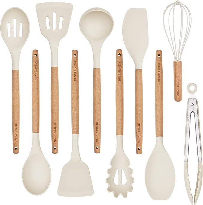 Silicone 10 Pcs Kitchen Cooking Utensils Set, Recycled Materials Certification, BPA Free Spatula Set with Heat Resistant Wood Handles for Nonstick Cookware, Cream White by Unknown