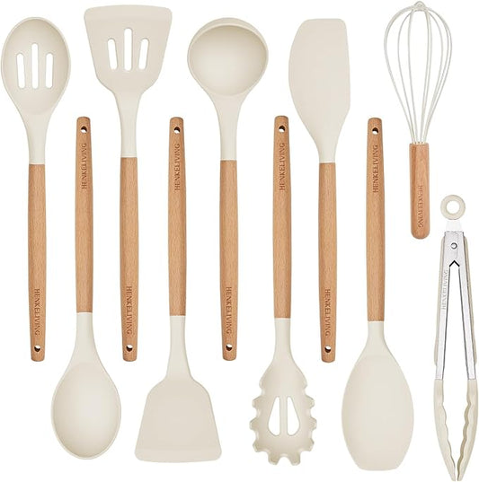 Silicone 10 Pcs Kitchen Cooking Utensils Set, Recycled Materials Certification, BPA Free Spatula Set with Heat Resistant Wood Handles for Nonstick Cookware, Cream White by Unknown