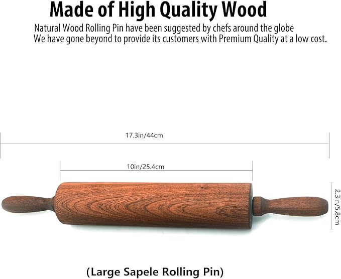 Classic Sapele Wooden Rolling Pin With Handles,Wood Baking Roller Large (17.3"L x 2.3"W) - Image 3