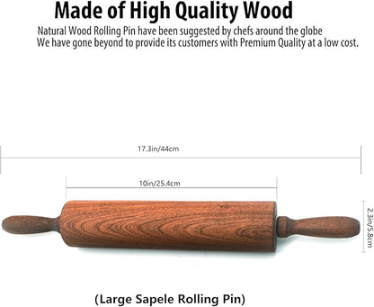 Classic Sapele Wooden Rolling Pin With Handles,Wood Baking Roller Large (17.3"L x 2.3"W) - Image 3