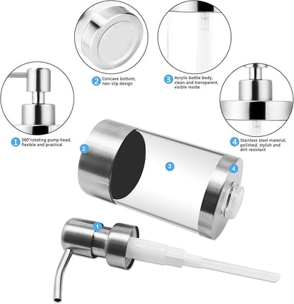Dish Soap Dispenser Stainless Steel Case Acrylic Liner Hand Pump Dispenser Shatterproof and Leakproof Refillable Liquid Hand Soap Dispenser for Bathroom & Kitchen (10OZ/300ML)