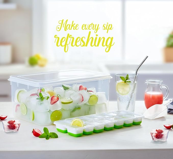 56pcs Ice Cube Tray with Lid and Bin – Stackable 4 Trays Plastic Silicone Freezer Mold, Large Ice Bucket with Scoop, Tong & 2 SS Straws – Easy Release Ice Maker for Cocktail, Coffee, RV, Whiskey - Image 4