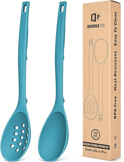 Pack of 2 Silicone Cooking Spoons, Non Stick Solid Kitchen Spoon with Measuring Marks & Back Hooks, Heat Resistant Silicone Slotted Spoon for Cooking, Mixing, Stirring,Serving (BLUE)