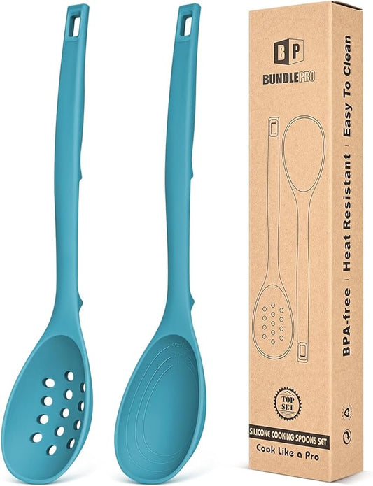 Pack of 2 Silicone Cooking Spoons, Non Stick Solid Kitchen Spoon with Measuring Marks & Back Hooks, Heat Resistant Silicone Slotted Spoon for Cooking, Mixing, Stirring,Serving (BLUE)