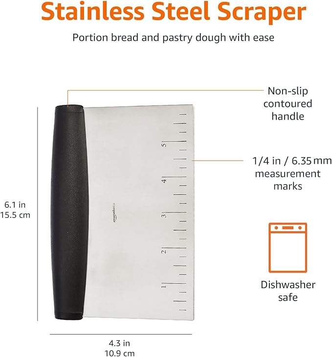 Amazon Basics Multi-Purpose Bench Scraper, Stainless Steel Dough Cutter with Measurement Marks, Dishwasher Safe, Non-slip Contoured Grip, 6", Black, Silver - Image 6