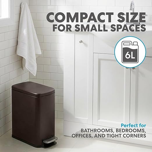 SIMPLI-Magic 6L/1.6G Stainless Steel Bathroom Trash Can with Hands-Free Foot Pedal, Quiet Soft-Close Lid, Compact Space-Saving Size - Image 2