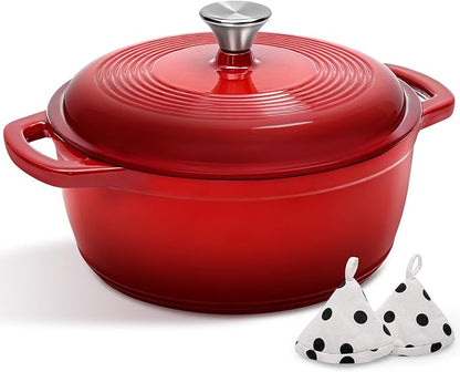 Enameled Cast Iron Dutch Oven Pot With Lid - AIVIKI 5QT Dutch Oven for Bread Baking With Cotton Potholders - Heavy-Duty Cookware for Braising, Stew, Roasting, Oven Safe up to 500°F, Red by AIVIKI