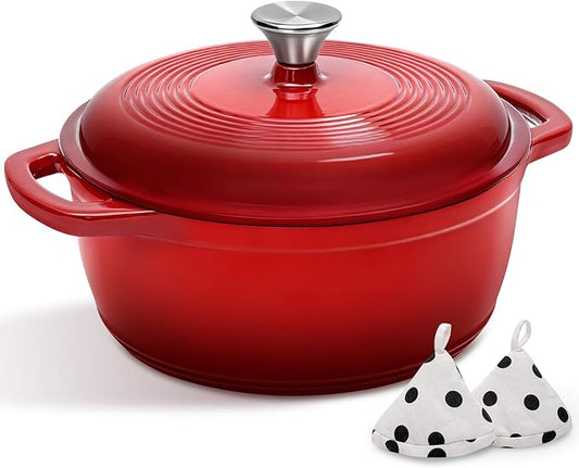 Enameled Cast Iron Dutch Oven Pot With Lid - AIVIKI 5QT Dutch Oven for Bread Baking With Cotton Potholders - Heavy-Duty Cookware for Braising, Stew, Roasting, Oven Safe up to 500°F, Red by AIVIKI