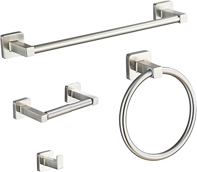Brushed Nickel Bathroom Hardware Set 4 Pieces,Towel Bar Set Stainless Steel Wall Mounted, Includes 16In Hand Towel Bar, Towel Ring, Robe Towel Hooks,Toilet Paper Holder, Bathroom Towel Rack Set… by bluebyrne