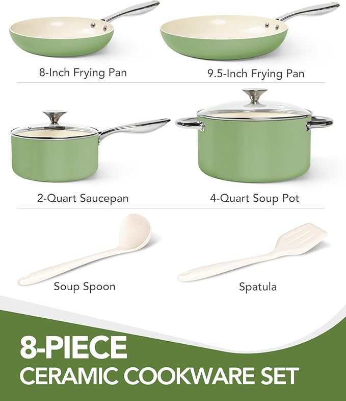 MICHELANGELO Pots and Pans Set Non Stick - Titanium Cookware Set Non Toxic Ceramic Coating, 8-Pcs Nonstick Pots and Pans with Ergonomic Handle, Dishwasher Safe & Induction Compatible, Green - Image 7