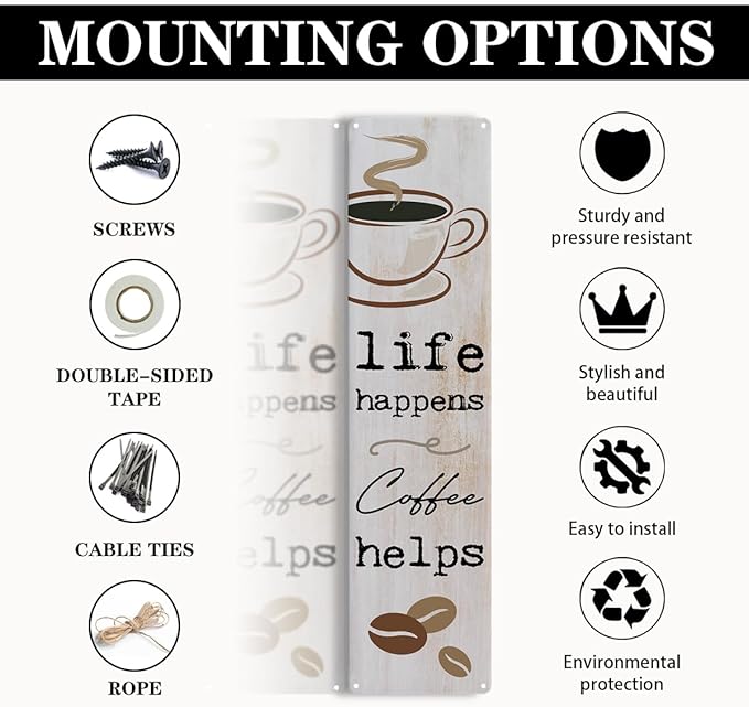 Vintage Coffee Signs, Life Happens Coffee Helps, Retro Metal Tin Sign, Inspirational Coffees Wall Art, Farmhouse Decorations for Cafe, Decorative Metal Wall Signs 15.8x4 Inches - Image 3