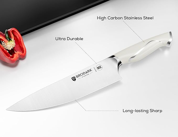 BRODARK Kitchen Knife Sets with Block and Built-in Sharpener - Ultra Sharp15 Pcs Full Tang Professional Chef Knife Set, High Carbon Super Steel Cutlery Set, Ivory Series with Gift Box for Mom - Image 3