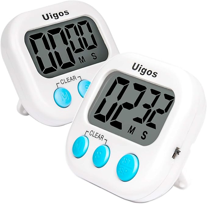 Uigos 2 Pack Digital Kitchen Timer II 2.0, Big Digits, Loud Alarm, Magnetic Backing, Stand, for Cooking Baking Sports Games Office (White) (2 Pack) by Uigos
