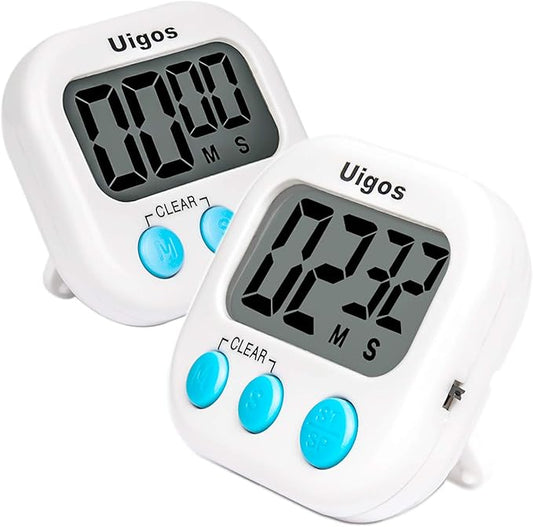 Uigos 2 Pack Digital Kitchen Timer II 2.0, Big Digits, Loud Alarm, Magnetic Backing, Stand, for Cooking Baking Sports Games Office (White) (2 Pack) by Uigos