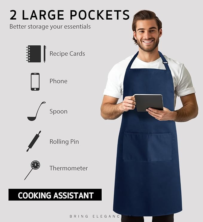 Syntus Apron for Men Women, Adjustable Cooking Kitchen Chef Aprons with 2 Pockets, Cotton/Polycotton/Polyester - Image 4