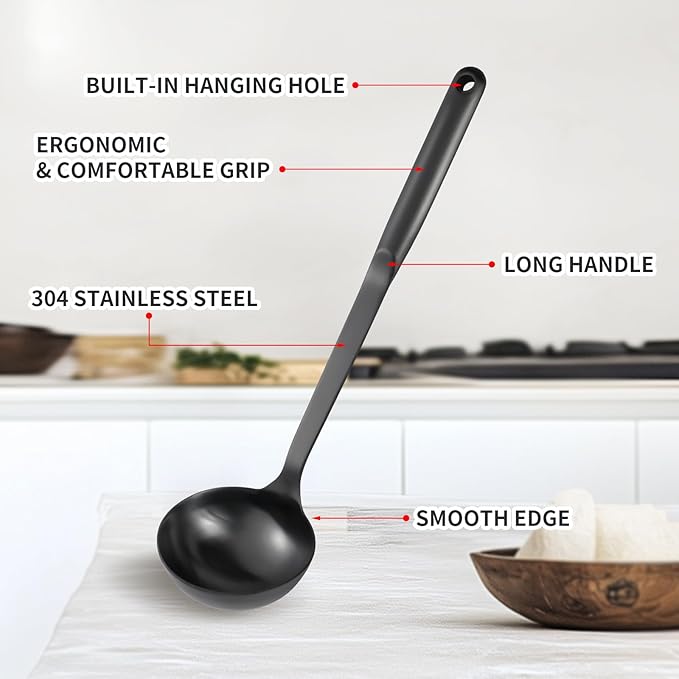 304 Stainless Steel Cooking Utensils Set, 8PCS Kitchen Utensils Set, Include Skimmer, Soup Ladle, Spaghetti Server, Wok Spatula, Slotted Spoon, Solid Spoon, Slotted Spatula Turner & Meat Fork, Black - Image 4