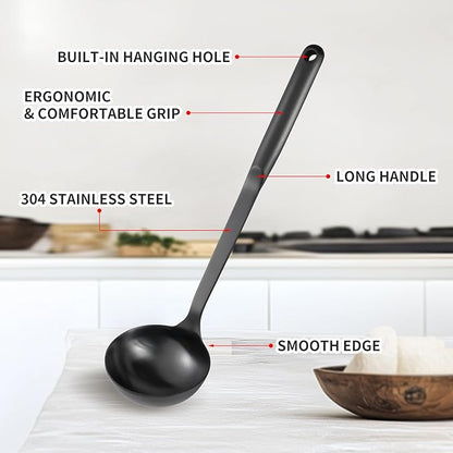 304 Stainless Steel Cooking Utensils Set, 8PCS Kitchen Utensils Set, Include Skimmer, Soup Ladle, Spaghetti Server, Wok Spatula, Slotted Spoon, Solid Spoon, Slotted Spatula Turner & Meat Fork, Black - Image 4