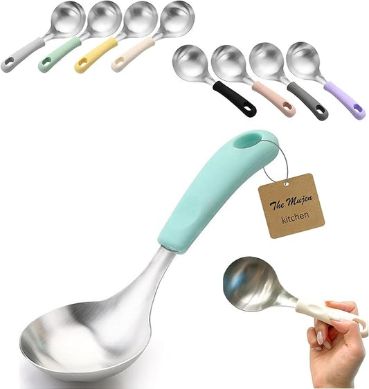 Korean Mukbang Spoon, Serving Spoon, Multipurpose Stainless Steel Ladle Silicone handle Serving Cooking Ladle 먹방 스푼,미니 국자, 서빙스푼 전현무 국자 (Mint)