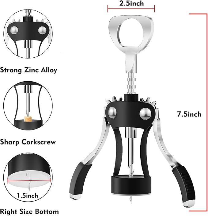 KORCCI Wine Opener, Heavy-Duty Zinc Alloy Wing Corkscrew, Premium Beer Bottle Opener, Multifunctional Wine Accessories with Ergonomic Handle and Sharp Screw, for Kitchen, Bar, Restaurant (BLACK) - Image 3