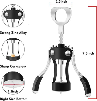 KORCCI Wine Opener, Heavy-Duty Zinc Alloy Wing Corkscrew, Premium Beer Bottle Opener, Multifunctional Wine Accessories with Ergonomic Handle and Sharp Screw, for Kitchen, Bar, Restaurant (BLACK) - Image 3