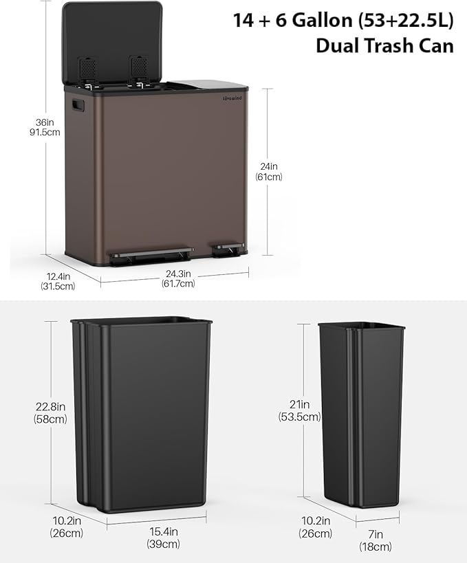 Lovewind Dual Trash Can, 14 + 6 Gallon Garbage Can for Kitchen Dual Compartment Recycling Kitchen Step Trash Bin, Stainless Steel Trash and Recycle Bin Combo with Soft-Close Lid, Brown - Image 6
